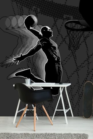 Black Basketball Wallpaper, as seen on the wall of this kids room, features a player making a dope slam dunk from About Murals.