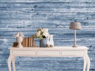 Blue Wood Wallpaper, as seen on the wall of this office, features rustic, horizontal wooden planks from About Murals.
