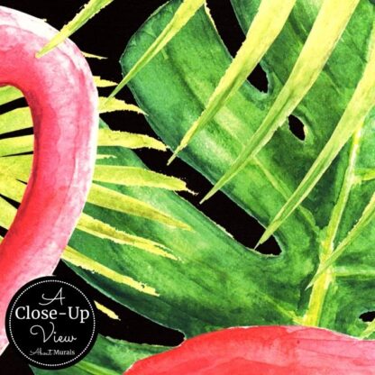 A close-up of a pink flamingo's neck against green tropical leaves on a black background from About Murals.