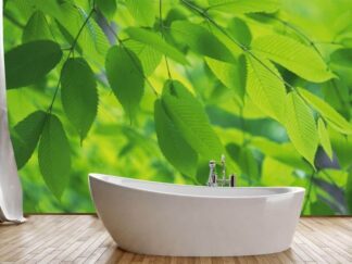 Green Leaf Wallpaper, as seen on the wall of this bathroom, features oval shaped elm leaves in a tree from About Murals.