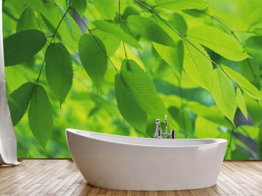 Green Leaf Wallpaper, as seen on the wall of this bathroom, features oval shaped elm leaves in a tree from About Murals.