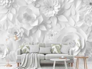 Paper Flower Wallpaper, as seen on the wall of this living room, features white paper rose, gerbera and dahlia flowers from About Murals.