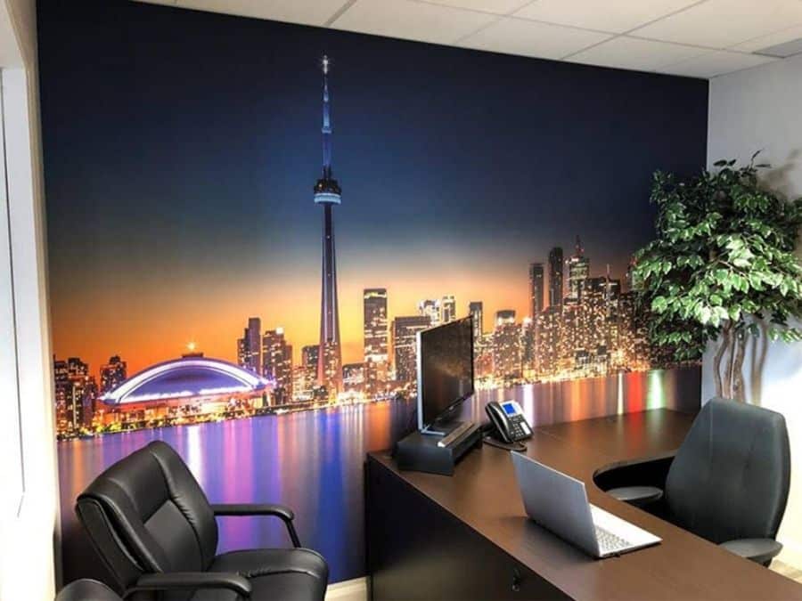 Toronto Skyline Wallpaper, as seen on the wall of this traditional office, is a cityscape mural with the SkyDome, CN Tower and buildings over Lake Ontario at night from About Murals.
