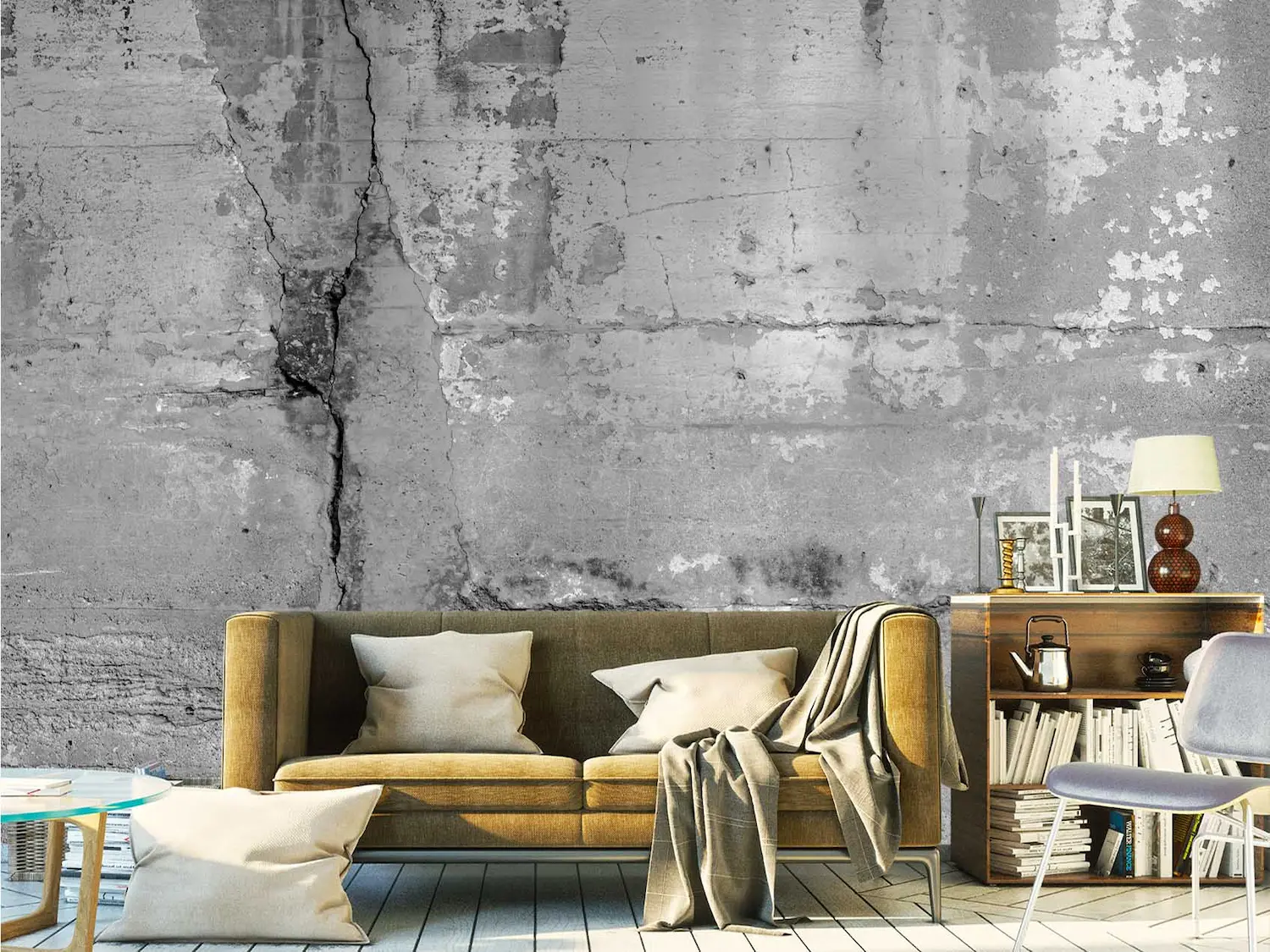 Cracked Concrete Wallpaper, as seen on the wall of this grey and yellow living room, is a realistic, distressed design from About Murals.