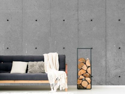 Concrete Wallpaper, as seen on the wall of this rustic living room, is a realistic concrete wall mural that adds texture from About Murals.