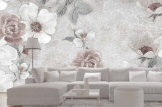 Gray Flower Wallpaper, as seen on the wall of this living room, features single petal roses and peonies on a crackled background from About Murals.