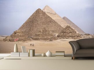 Pyramid Wallpaper, as seen on the wall of this Egyptian themed room, is a photo mural of the three pyramids of Giza in Egypt from About Murals.