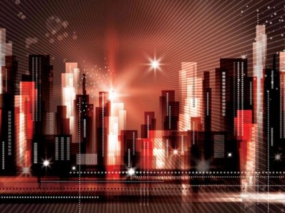 Red and Black City Wallpaper is a mural of a city landscape at night with a modern cityscape from About Murals.