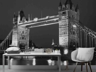 Tower Bridge Wallpaper, as seen on the wall of this dining room, is a photo mural of the famous suspension bridge in London, England from About Murals.