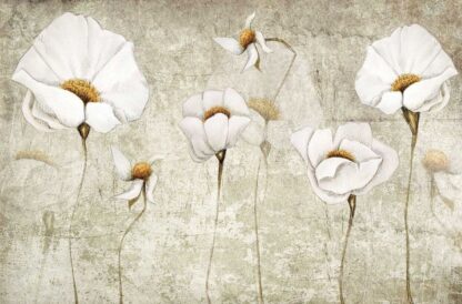 White Poppy Wallpaper is a floral mural with beautiful white flowers on a beige backdrop from About Murals.