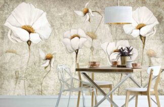 White Poppy Wallpaper, as seen on the wall of this dining room, features white flowers on a beige background from About Murals.