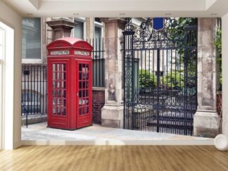 British Phone Wallpaper, as seen on the wall of this bedroom, features a red phone booth in London, England from About Murals.
