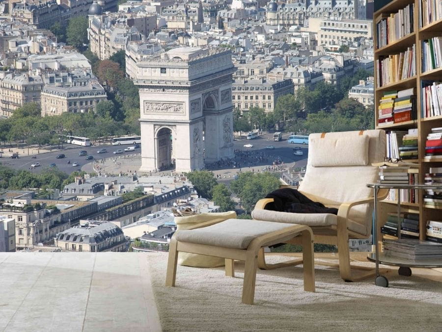 Arc de Triomphe Wallpaper, as seen on the wall of this library, is a photo mural of the famous monument in Paris, France from About Murals.