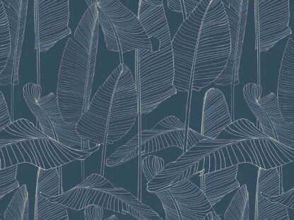 Blue Leaf Wallpaper features silhouettes of tall banana leaves full of texture from their veins from from About Murals.