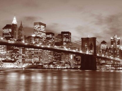 Brooklyn Bridge Park Wallpaper is a brown photo wallpaper of the suspension bridge against a New York cityscape skyline at night from About Murals.