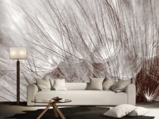 Dandelion Seed Wallpaper, as seen on the wall of this living room, is a photo mural of large dandelion seeds in beige from About Murals.