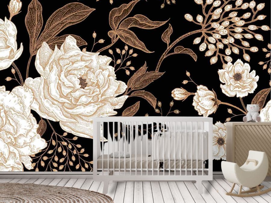 Dark Peony Wallpaper, as seen on the wall of this nursery, is a floral wall mural with large cream peony flowers on a black background from About Murals.