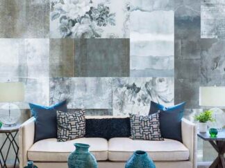 Floral Patchwork Wallpaper, as seen on the wall of this living room, features roses in blue and brown geometric boxes of wood, trellis, damask and fabric texture from About Murals.