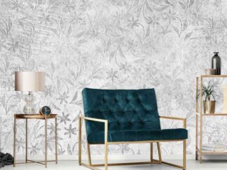 Grey Daisy Wallpaper, as seen on the wall of this living room, is a floral mural with simple flowers on a concrete texture background from About Murals.