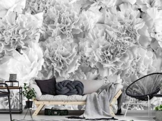 Grey and White Carnation Wallpaper, as seen on the wall of this living room, is a floral mural with large black and white flowers from About Murals.