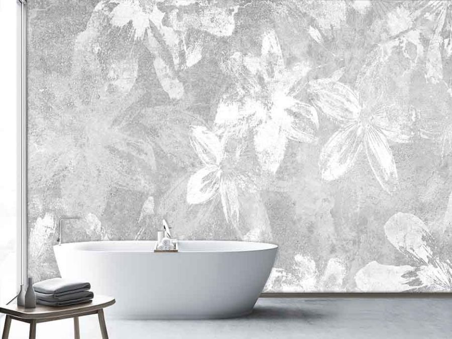 Grey and White Floral Wallpaper on Concrete | About Murals
