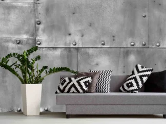 Metal Look Wallpaper, as seen on the wall of this living room, is a realistic photo mural featuring riveted grey metal sheets from About Murals.