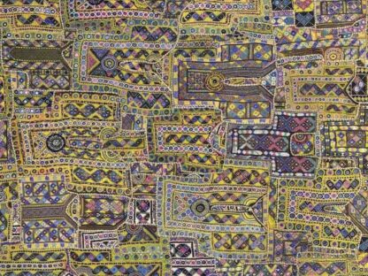 Patchwork Wallpaper is an Indian yellow embroidery tapestry with circle and diamond geometric patterns from About Murals.