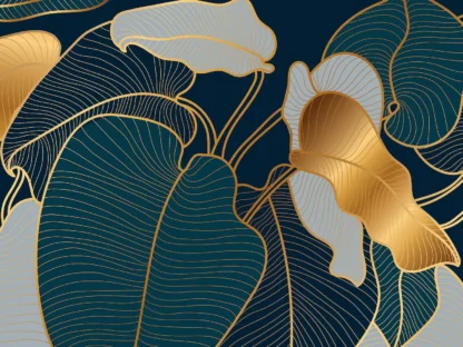 Philodendron Wallpaper is a tropical leaf mural with blue and gold philodendron foliage leaves from About Murals Canada.