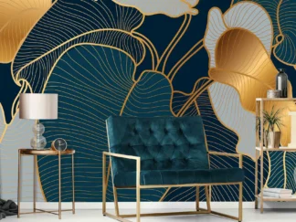 Philodendron Wallpaper, as seen on the wall of this living room, is a wall mural with gold and blue tropical leaves from About Murals.