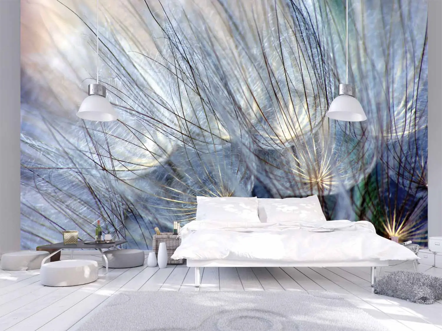 Purple Blue Dandelion, as seen on the wall of this bedroom, is a photo mural of a close-up of a dandelion flower from About Murals.