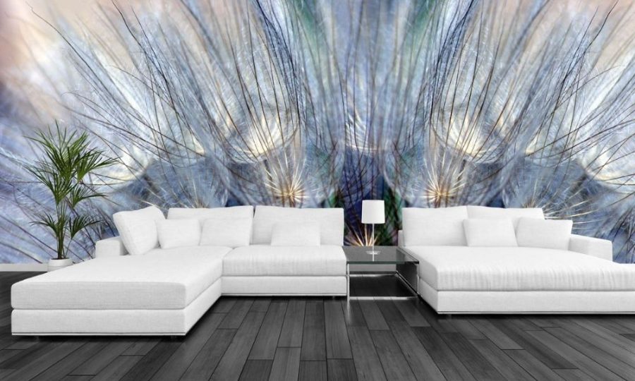 Purple Blue Dandelion Wallpaper, as seen on the wall of this living room, is a photo mural of large dandelion seeds creating a feeling of texture from About Murals.