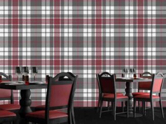 Red and Grey Check Wallpaper, as seen on the wall of this dining room, is a plaid wallpaper with a criss-cross pattern in burgundy, gray and white from About Murals.