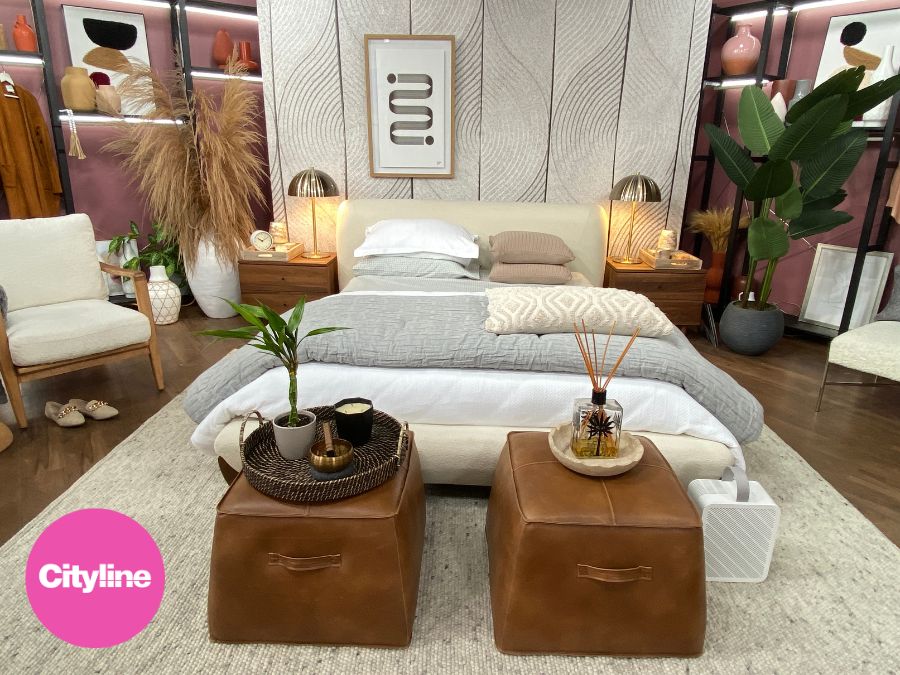 Scandi Leaf Wallpaper, as seen on Cityline's zen decor episode by Colin and Justin, is a mural of simple leaves raked into grey sand from About Murals.