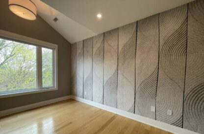 Scandi Leaf Wallpaper, as seen on the wall of this large room, is a mural with a Karesansui pattern from About Murals.