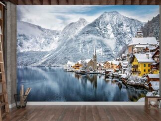 Austria Wallpaper, as seen on the wall of this mountain themed room, is a photo mural of mountains over Hallstatt Village and Hallstatter Lake from About Murals.