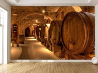 Barrel Wallpaper, as seen on the wall of this hallway, is a photo mural of large wine barrels in a brick cellar from About Murals.