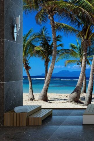 Blue Beach Wallpaper, as seen on the wall of this beach themed powder room, is a photo mural of a beach in Guadeloupe from About Murals.