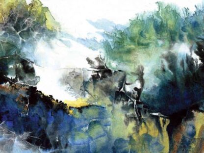 Blue and Yellow Abstract Wallpaper, formerly called Fogged Untamed World, is a wall mural of tumultuous water in liquid acrylic from About Murals.