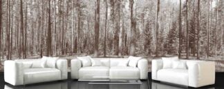 Brown Fir Trees Wallpaper, as seen on the wall of this living room, is a sepia photo mural of fir trees and pine trees in a coniferous forest from About Murals.