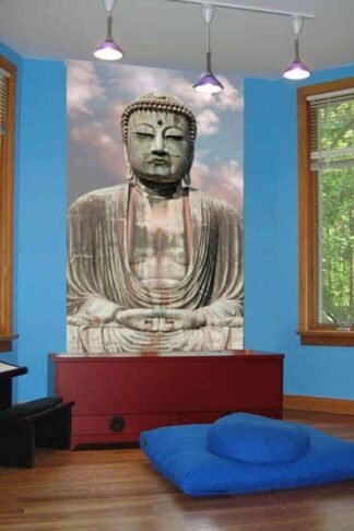 Buddha Meditation Wallpaper, as seen on the wall of this zen bedroom, is a photo mural of a bronze statue at a Buddhist temple called Kotoku-in in Japan, sold by About Murals.