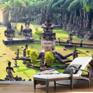 Buddha Statue Wallpaper, as seen on the wall of this spiritual spa, is a photo mural of sculptures in Buddha Park in Viettiane, Laos surrounded by tropical nature from About Murals.