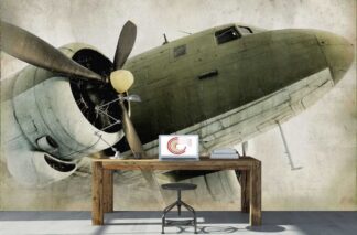 DC3 Wallpaper, as seen on the wall of this aviation themed office, is an airplane mural featuring a WW2 plane with a propeller, engine and cockpit from About Murals.
