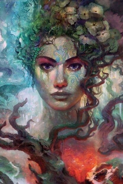 Face Painting Wallpaper is a wall mural of a nature goddess in a colorful abstract art style from About Murals.
