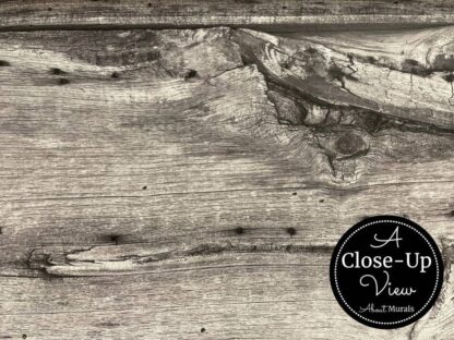 A close-up view of a grey wood wallpaper, showing knots and grain, from About Murals.
