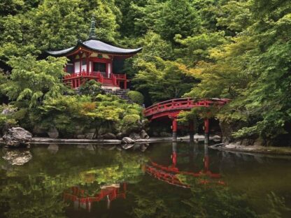 Japanese Temple Wallpaper is a photo wall mural of an ancient red Buddhist temple in Kyoto, Japan from About Murals.