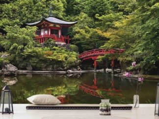 Japanese Temple Wallpaper, as seen on the wall of this yoga room, is a photo mural of the Daigo Ji Temple in Kyota, Japan from About Murals.