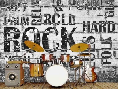 Music Words Wallpaper, as seen on the wall of this drum room, is a mural with black and white words like Rock and Roll, Metal, Band, Punk, Drum and Folk from About Murals.