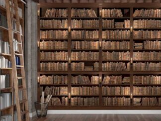 Old Bookshelf Wallpaper, as seen on the wall of this home library, is a bookcase mural with brown vintage books on wooden shelves lit with candles from About Murals.