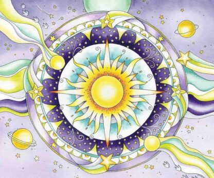 Purple Mandala Wallpaper is a galaxy mural with a cute yellow sun, stars, planets and hearts on a round background from About Murals.