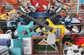 Rock Graffiti Wallpaper, as seen on the wall of this guitar themed kids room, is a mural with two electric guitars crossed over a vintage car with instruments like a drum, saxophone and maraca painted on a broken brick wall from About Murals.